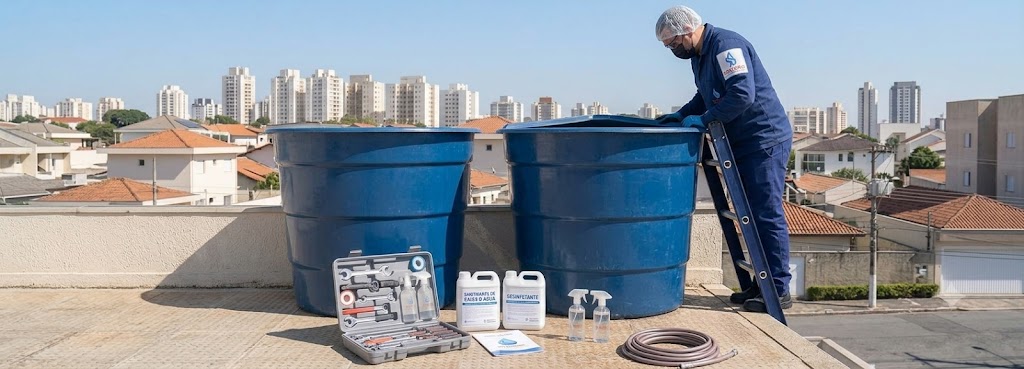 Profissional realizando Imunização e Desinfecção Bacteriológica de Caixas D'água em Barra Velha